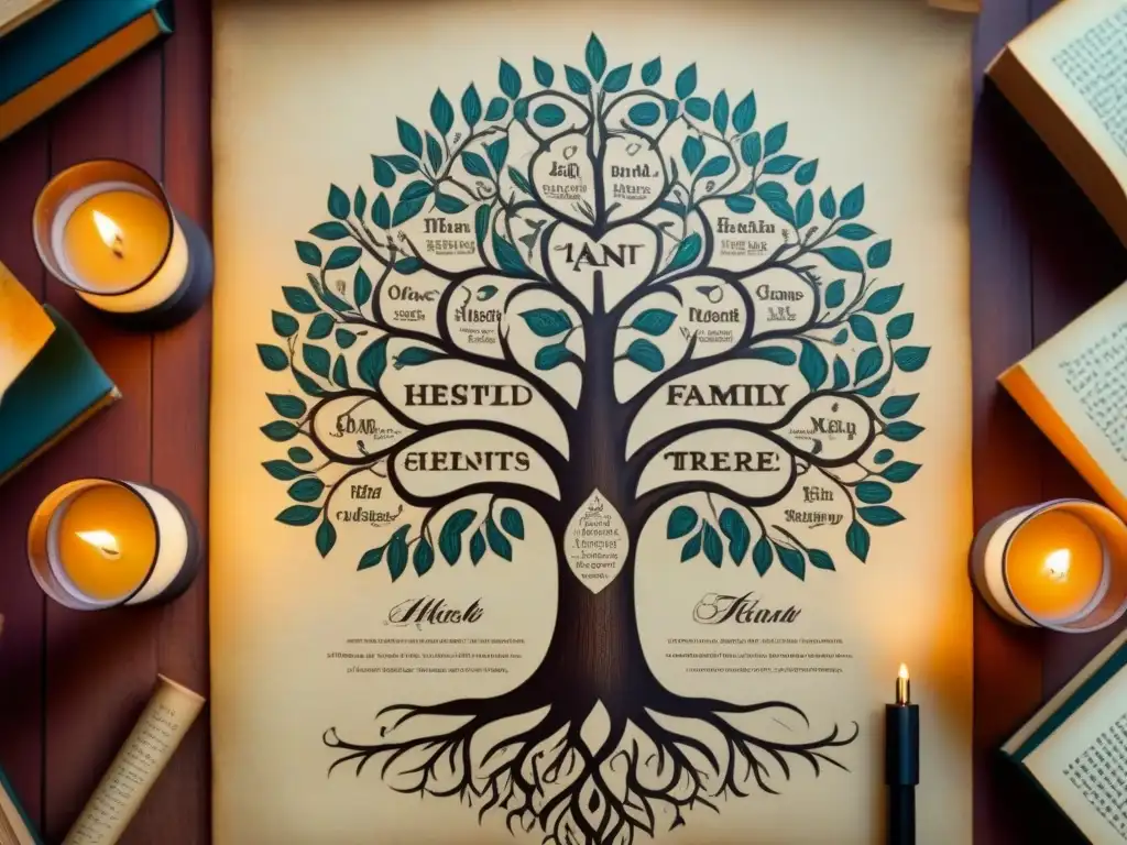 Detalle exquisito de árbol genealógico ancestral en pergamino, rastreando evolución apellidos genealogía en biblioteca rústica