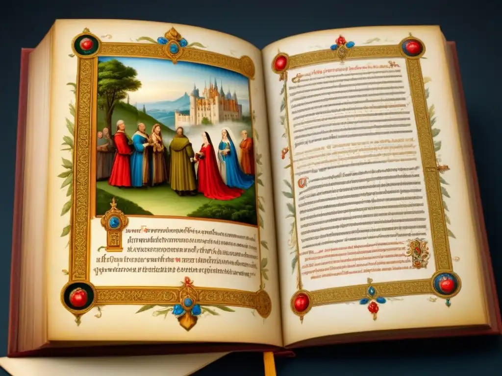 Detalle exquisito de un manuscrito medieval iluminado con la historia de apellidos renacimiento