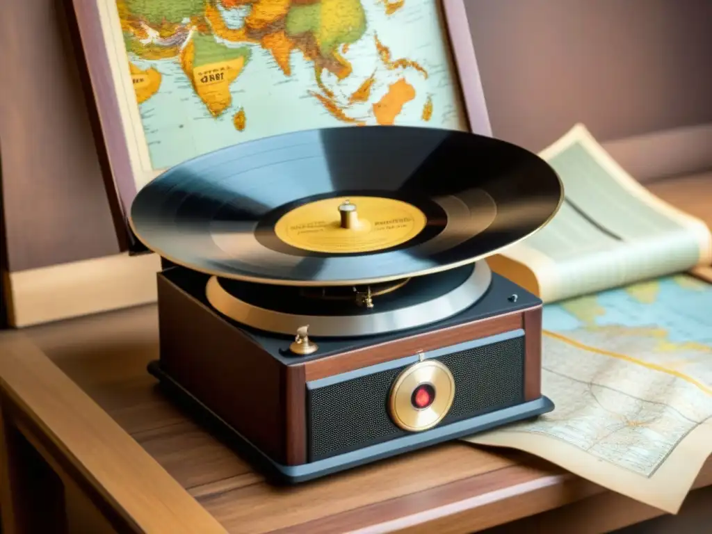 Detalle de un fonógrafo vintage con discos antiguos, mapa mundial de fondo destacando la evolución fonética de apellidos