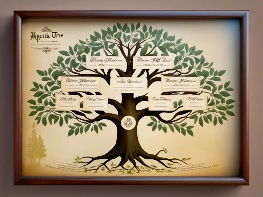 Detalle genealógico en un antiguo árbol familiar con caligrafía detallada, ilustraciones botánicas y tonos sepia