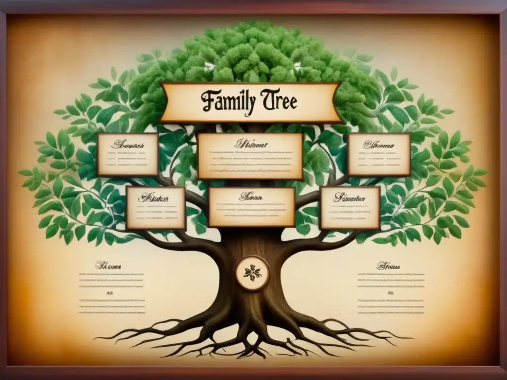 Detalle genealógico de apellidos en un árbol familiar vintage, ideal para introducción de historia y genealogía en niños