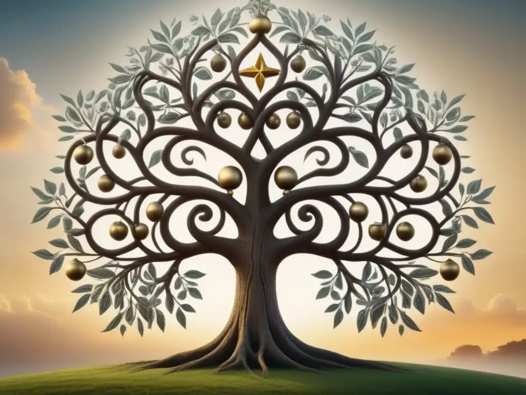 Detalle ilustración vintage: árbol genealógico con apellidos evolucionando y ramas conectadas a símbolos religiosos