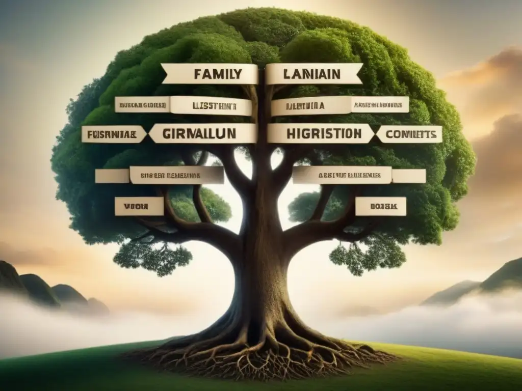 Detalle vintage: árbol genealógico entrelazado con ADN, mostrando la conexión entre marcadores genéticos y historia de apellidos