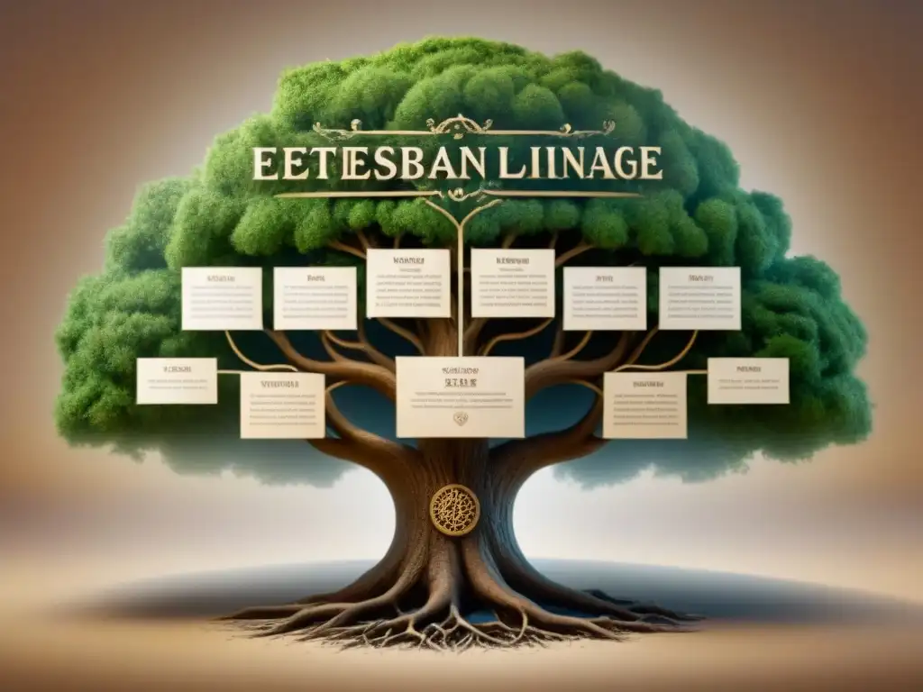 Detalle sepia árbol genealógico familiar Esteban, con nombres elegantes y raíces en historia apellidos Esteban construcción genealogía