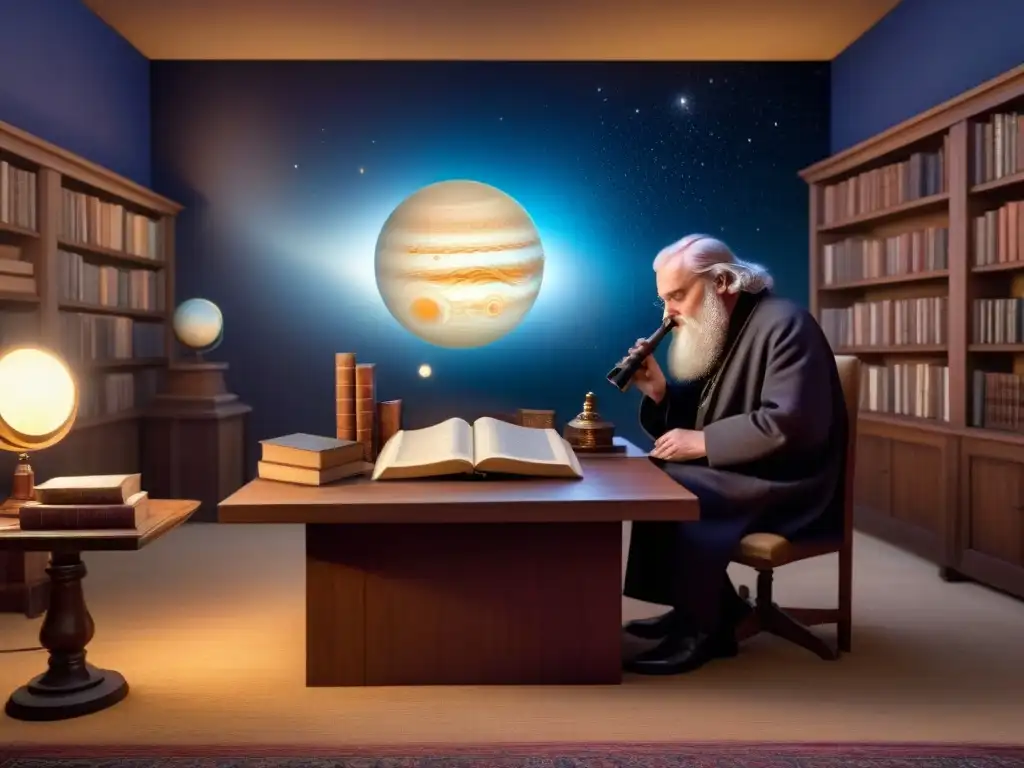 Detalle histórico de Galileo Galilei en su estudio, observando el cielo nocturno a través de un telescopio, rodeado de instrumentos astronómicos y manuscritos