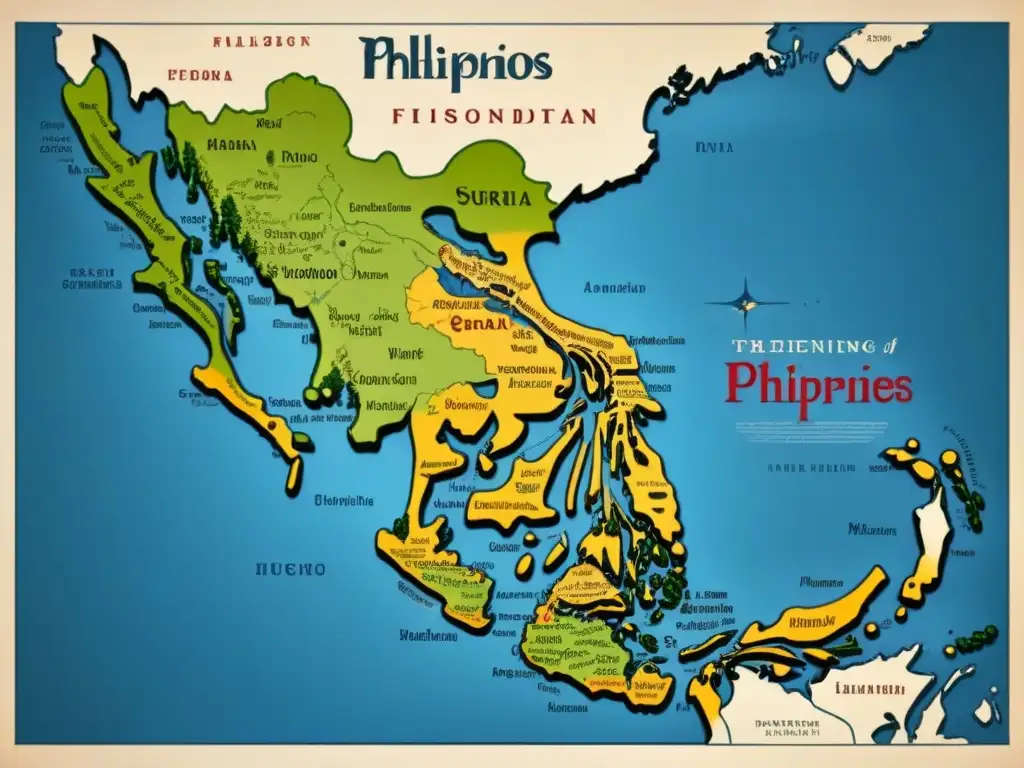 Detalle histórico: mapa vintage de Filipinas con influencia española en apellidos filipinos