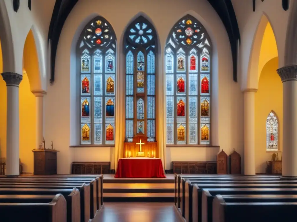 Detalle de una iglesia medieval con vidrieras genealógicas, reflejando el origen eclesiástico de apellidos comunes