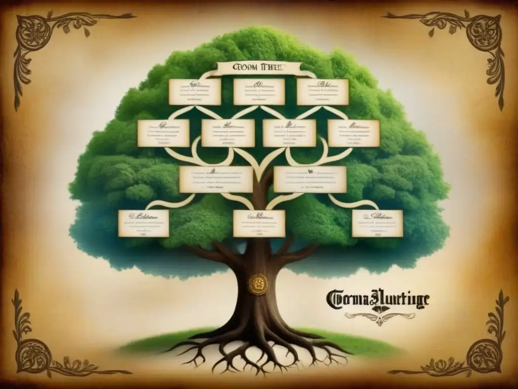 Detalle ilustrado de árbol genealógico de la familia Corona, con símbolos reales y patrones intrincados