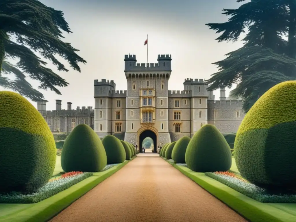 Detallada ilustración vintage del Castillo de Windsor, simbolo de la realeza y la historia Detalle ilustrado del Castillo de Windsor, reflejando su arquitectura grandiosa y jardines exuberantes