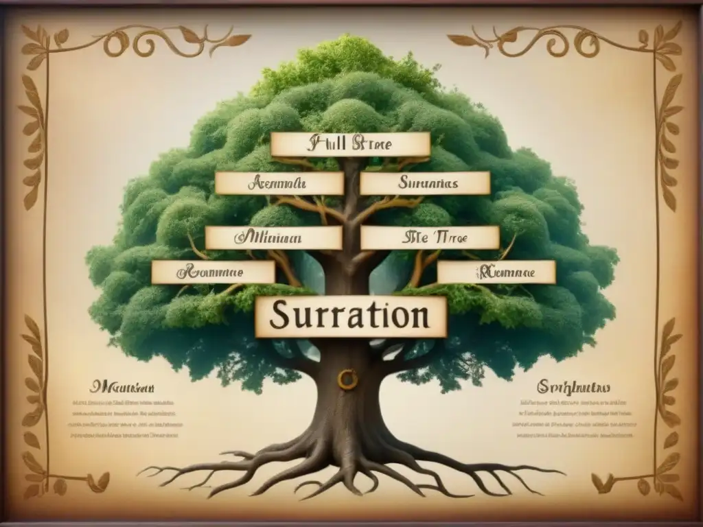 Detalle intrincado de un árbol genealógico vintage, mostrando la evolución de apellidos durante el Renacimiento