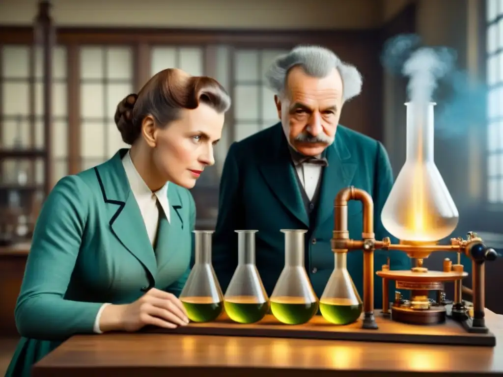 Detalle de laboratorio científico del siglo XIX con Marie Curie y Albert Einstein, historia apellidos científicos curie einstein