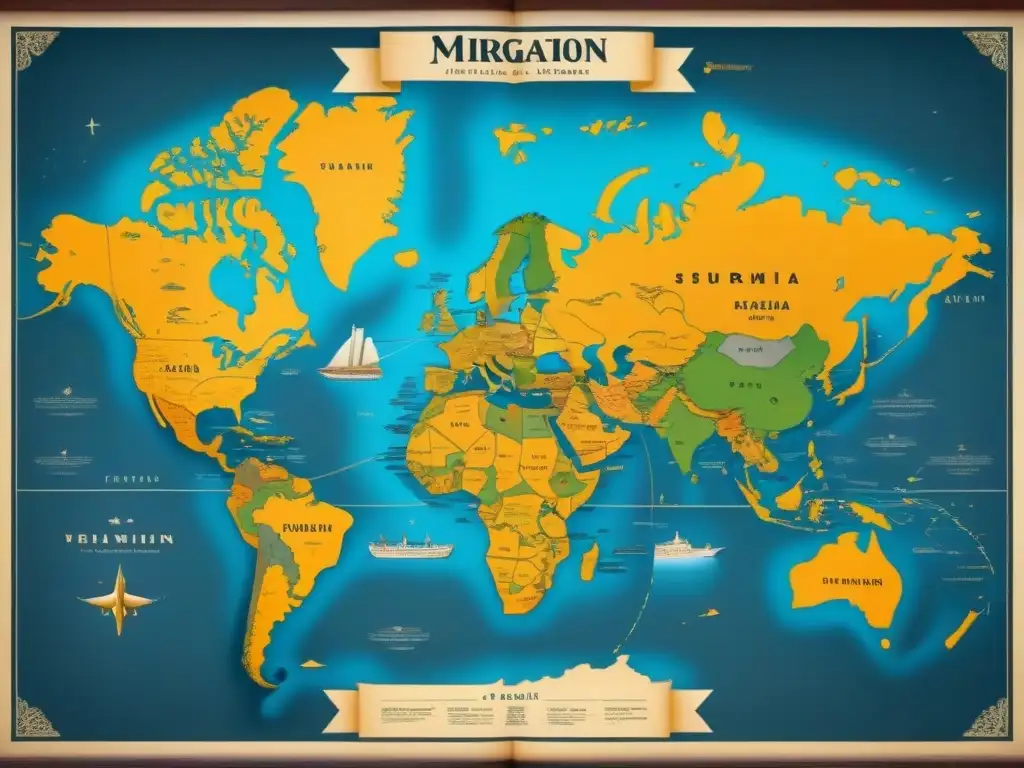 Detalle de un mapa antiguo que muestra la evolución de apellidos a través de continentes con líneas punteadas, ilustraciones de barcos y aviones