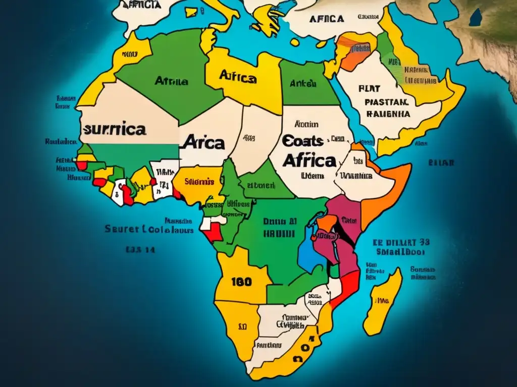 Detalle de un mapa antiguo de la costa africana mostrando la evolución de apellidos africanos