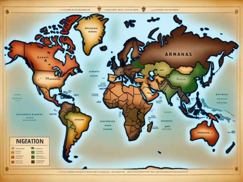 Detalle de mapa antiguo con migraciones de civilizaciones y evolución de apellidos