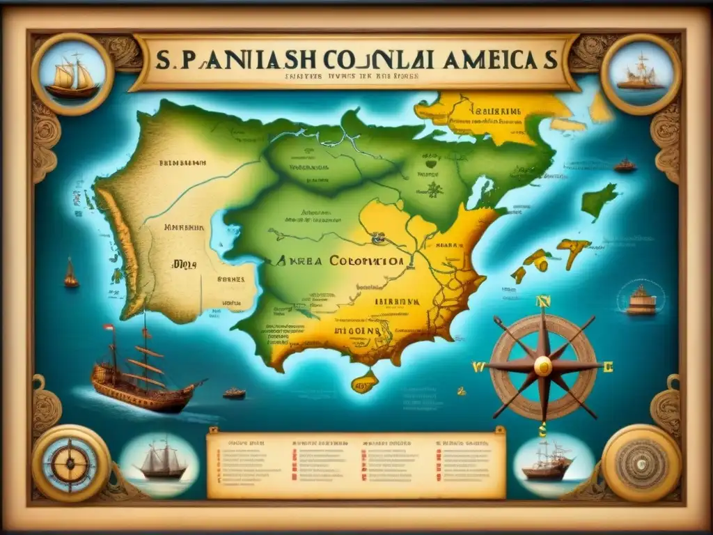 Detalle de mapa antiguo de rutas de colonización española a América en el siglo XVI, con barcos, rosas de los vientos y monstruos marinos, evocando exploración histórica