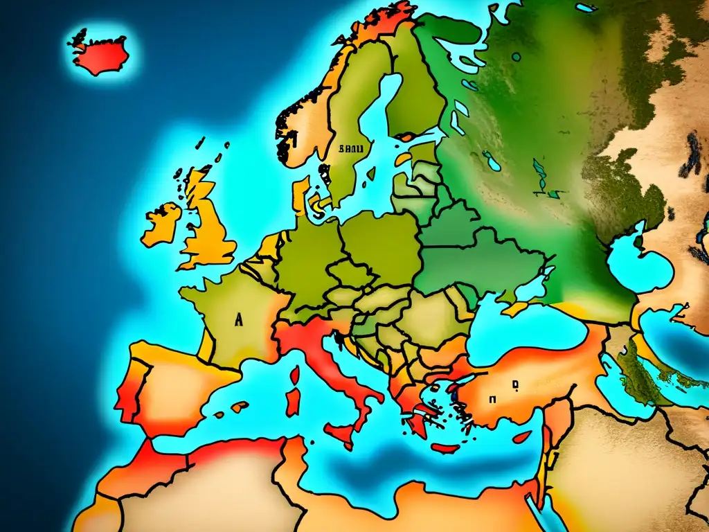 Detalle de un mapa europeo del siglo XIX con fronteras detalladas, destacando Rusia y naciones vecinas