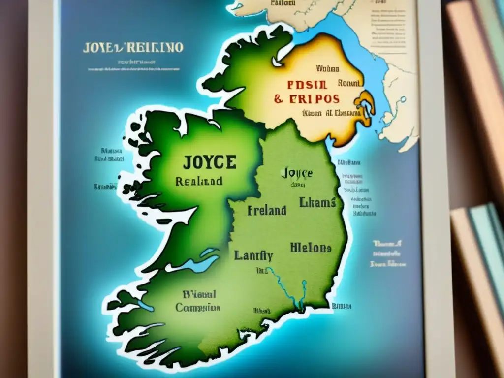 Detalle del mapa vintage de Irlanda con la evolución del apellido Joyce a lo largo de los siglos