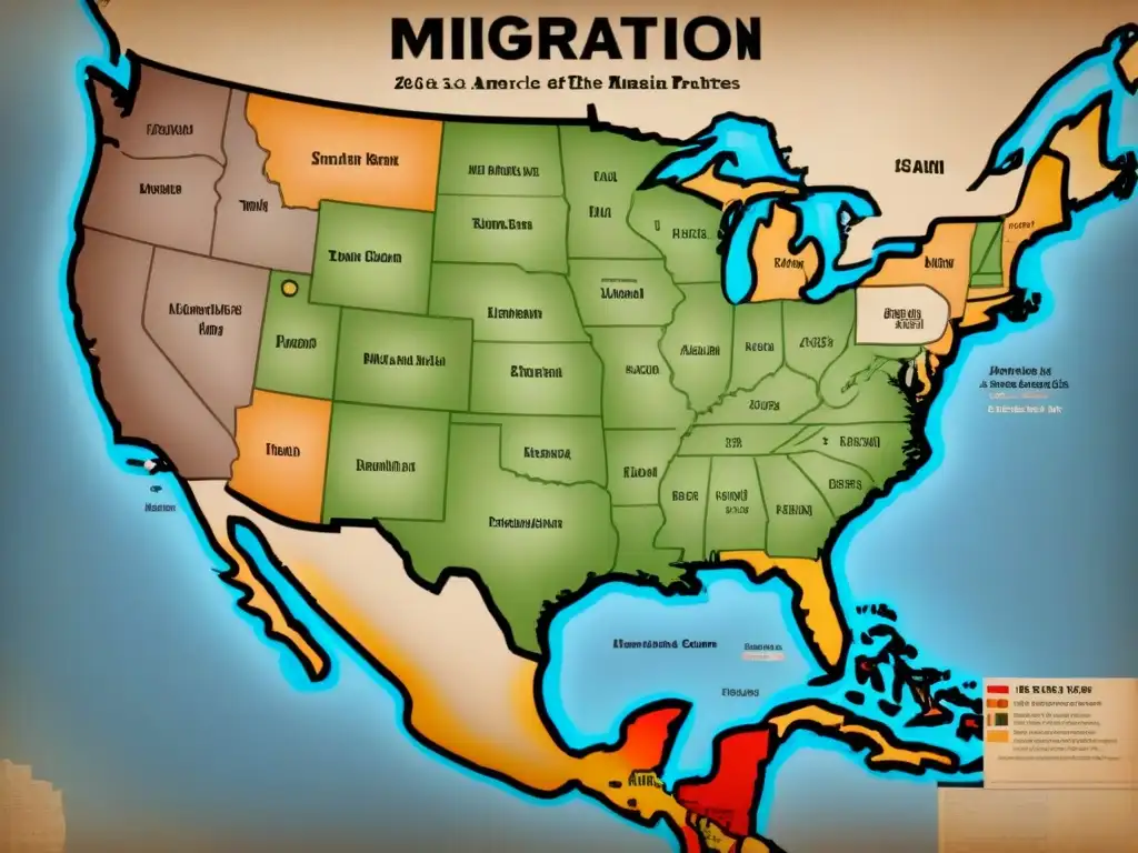 Detalle de mapa vintage mostrando la evolución de apellidos por inmigración a América en el siglo XX