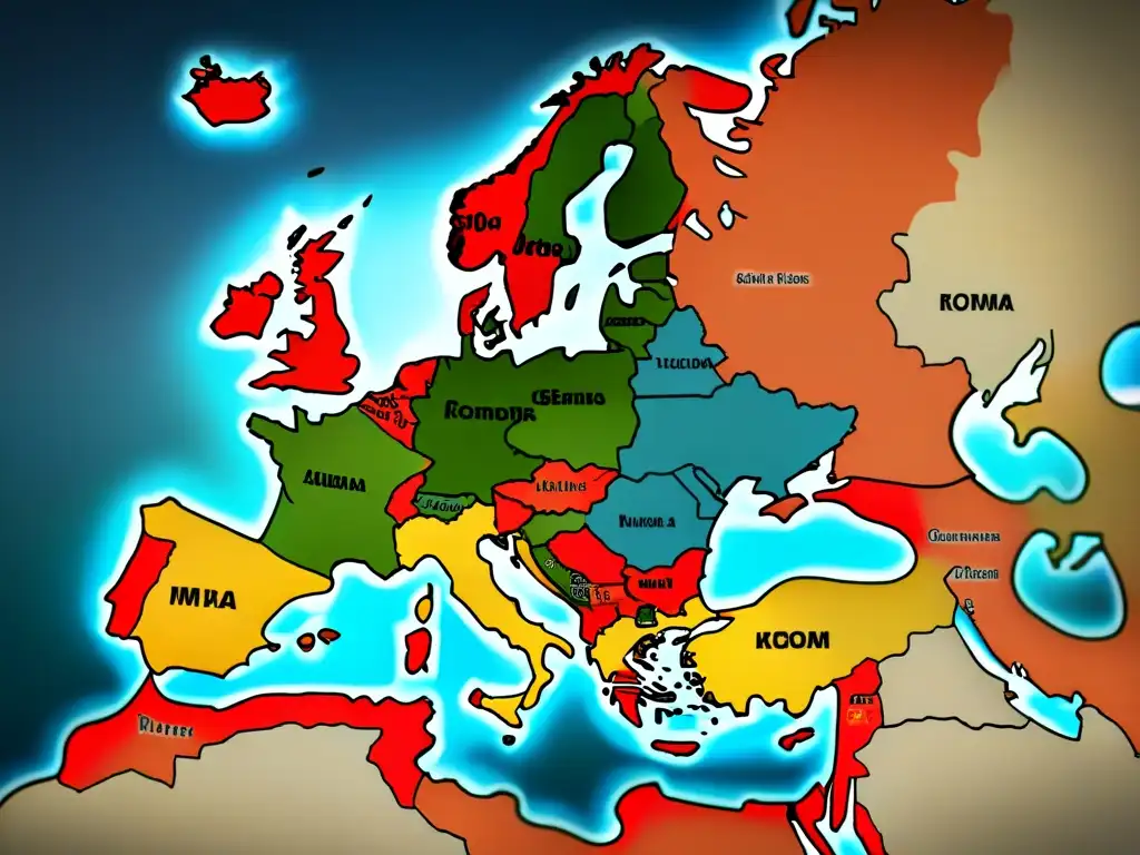 Detalle de mapa vintage de Europa con evolución de apellidos y escenas de guerras europeas