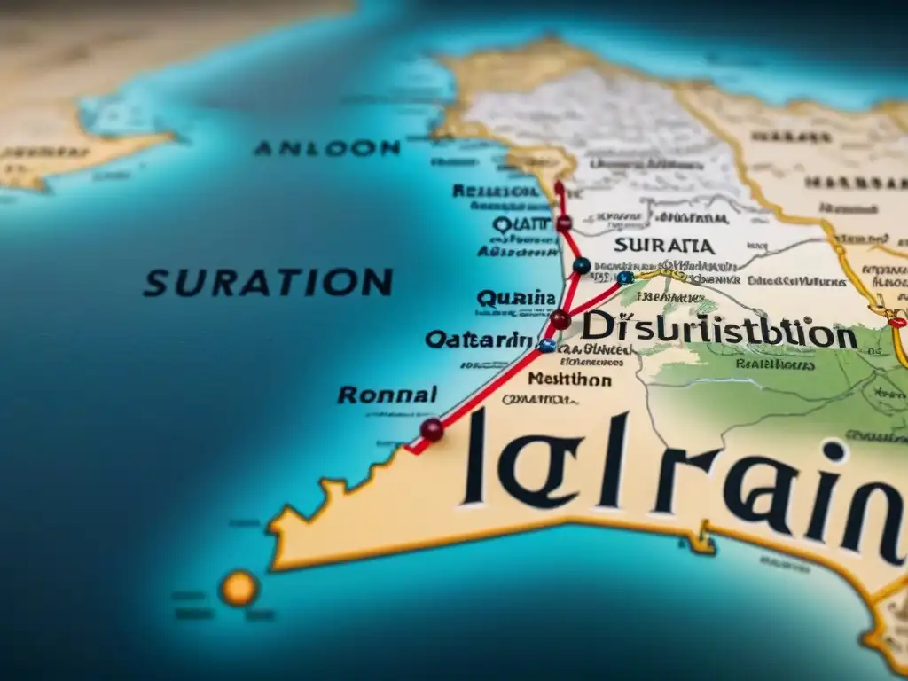 Detalle de mapa vintage de Qatar con evolución de apellidos y significados en caligrafía tradicional