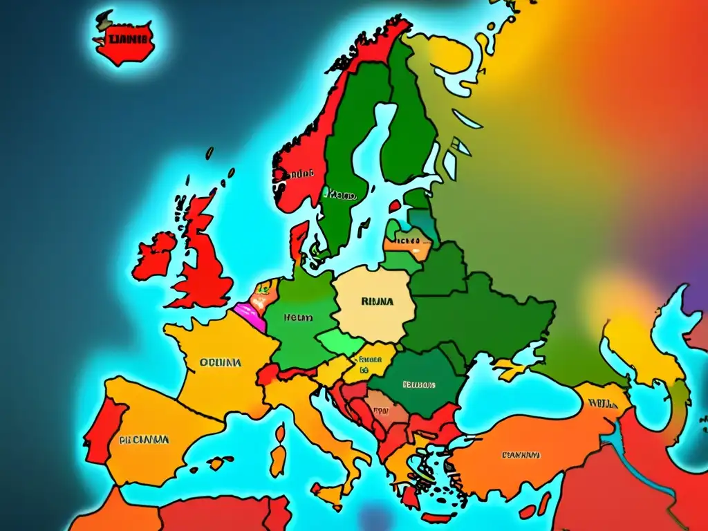 Detalle de un mapa vintage de Europa mostrando la distribución de apellidos británicos comunes en diferentes regiones