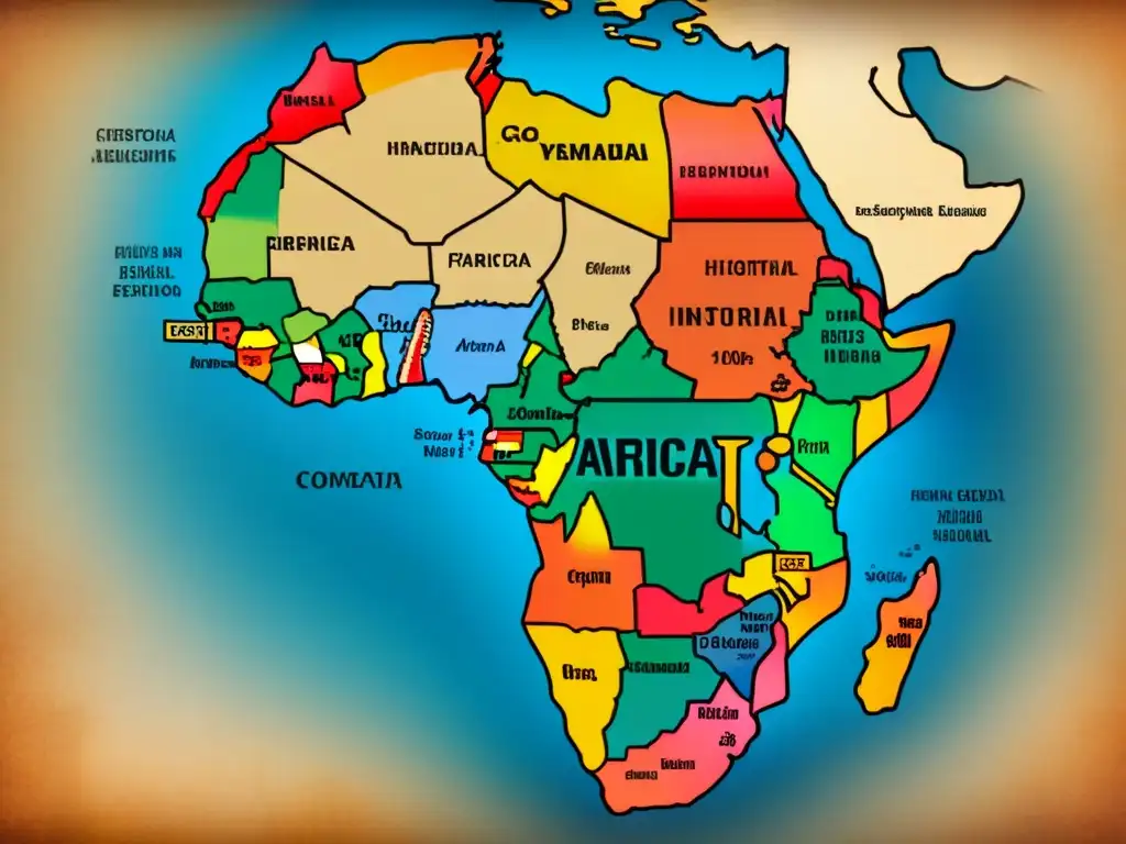 Detalle de un mapa vintage de África con historia de apellidos africanos digitalizados