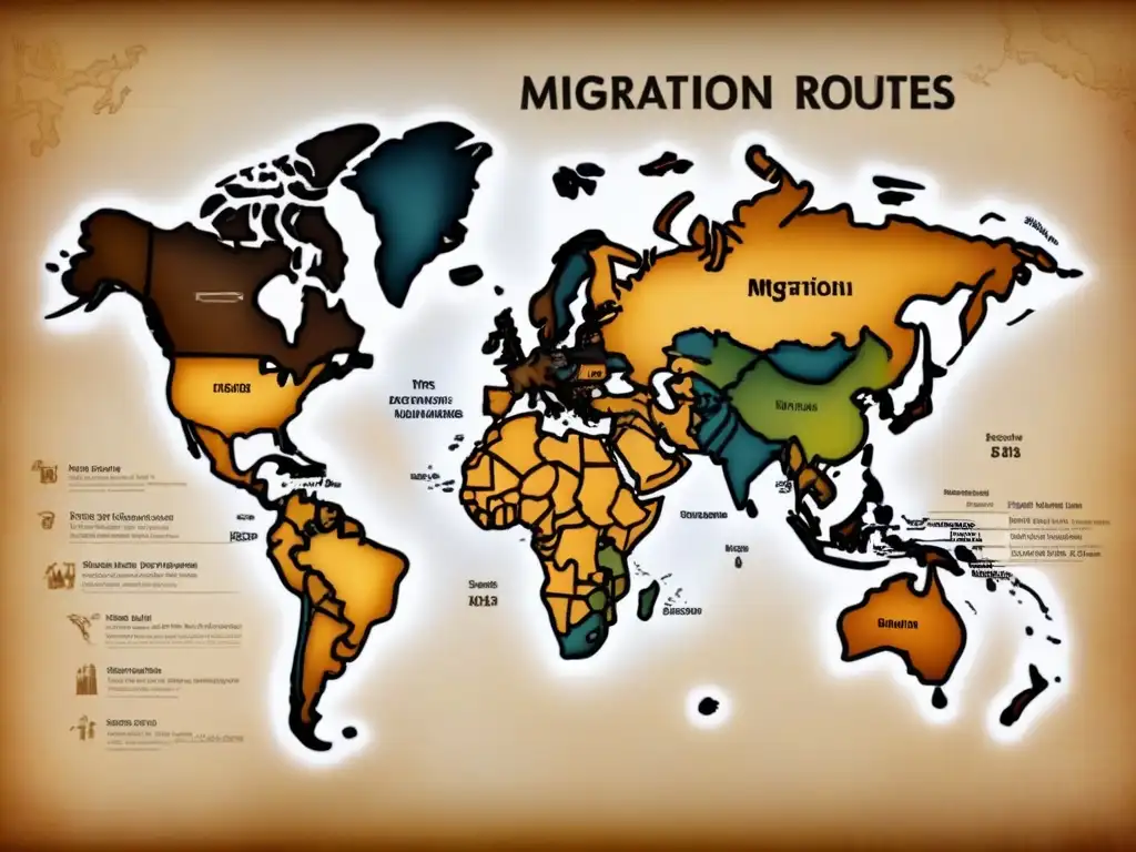 Detalle de un mapa vintage con rutas de migración de apellidos según marcadores genéticos, en tonos sepia