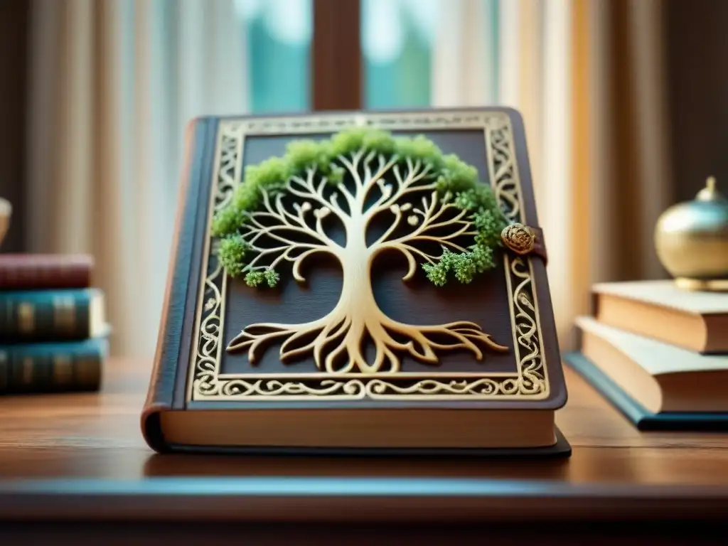 Detalle de mesa genealógica antigua con libro de árbol familiar, iluminada por luz cálida entre cortinas de encaje