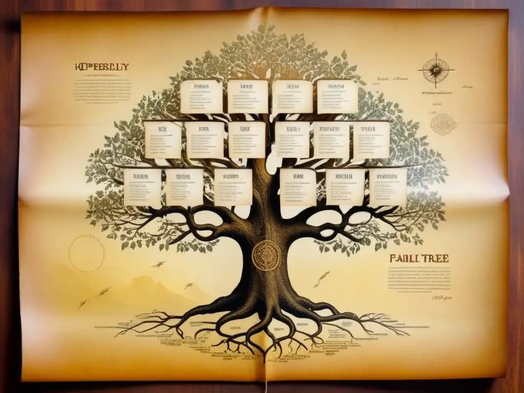 Detalle nostálgico de un árbol genealógico ancestral en pergamino amarillento con historia de apellidos y genealogía