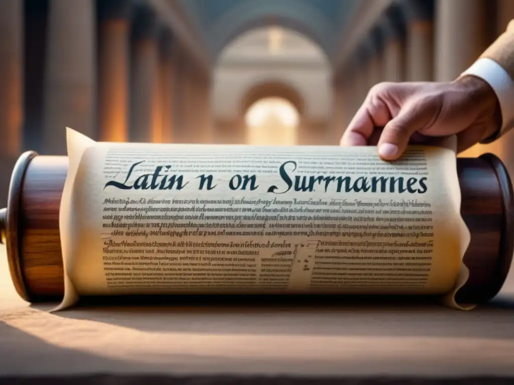 Orígenes Latinos en Apellidos: Descubre la Herencia en un Rollo Romano Detalle de pergamino romano con surnames modernos derivados del Latín: 'Silva', 'Aquila' y 'Murus'