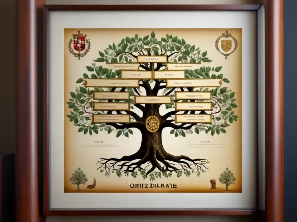 Detalle vintage de árbol genealógico Ortiz de Zárate y Oquendo, con caligrafía, escudos y mapa antiguo de España