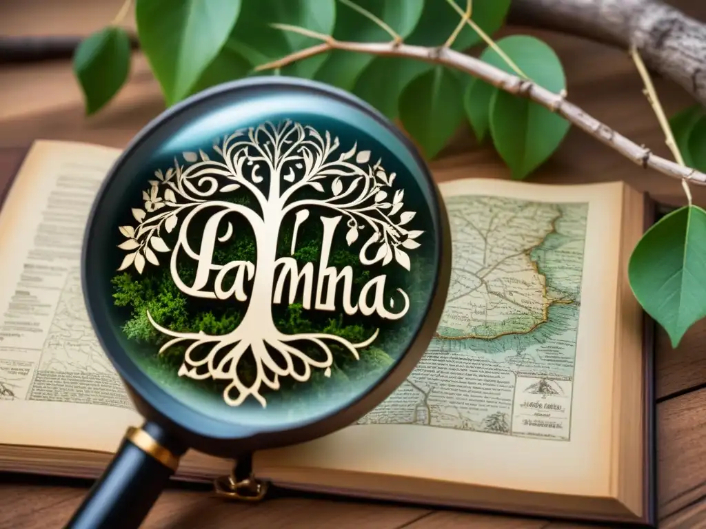 Detalle vintage: lupa sobre árbol genealógico con apellidos 'I', en caligrafía, sobre mapa sepia