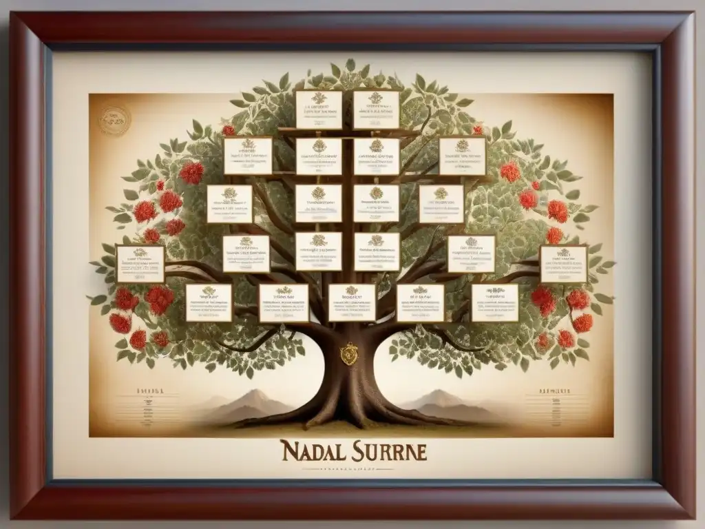 Detalle vintage del árbol genealógico de la familia Nadal, con caligrafía ornamental y símbolos ancestrales, evocando la historia del apellido Nadal