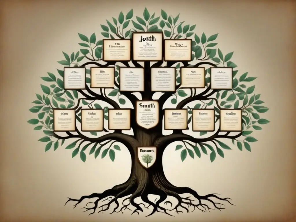 Detalle vintage de un árbol genealógico con conexiones genéticas de apellidos históricos en pergamino envejecido