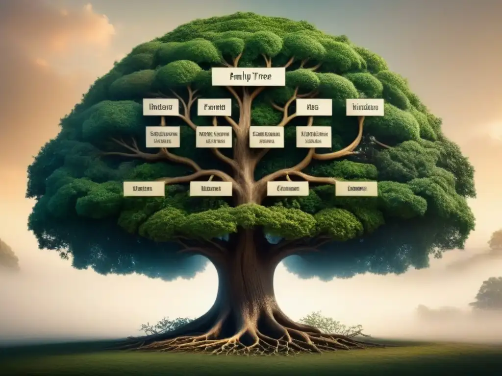 Detalle vintage de un árbol genealógico con apellidos y marcadores genéticos entrelazados