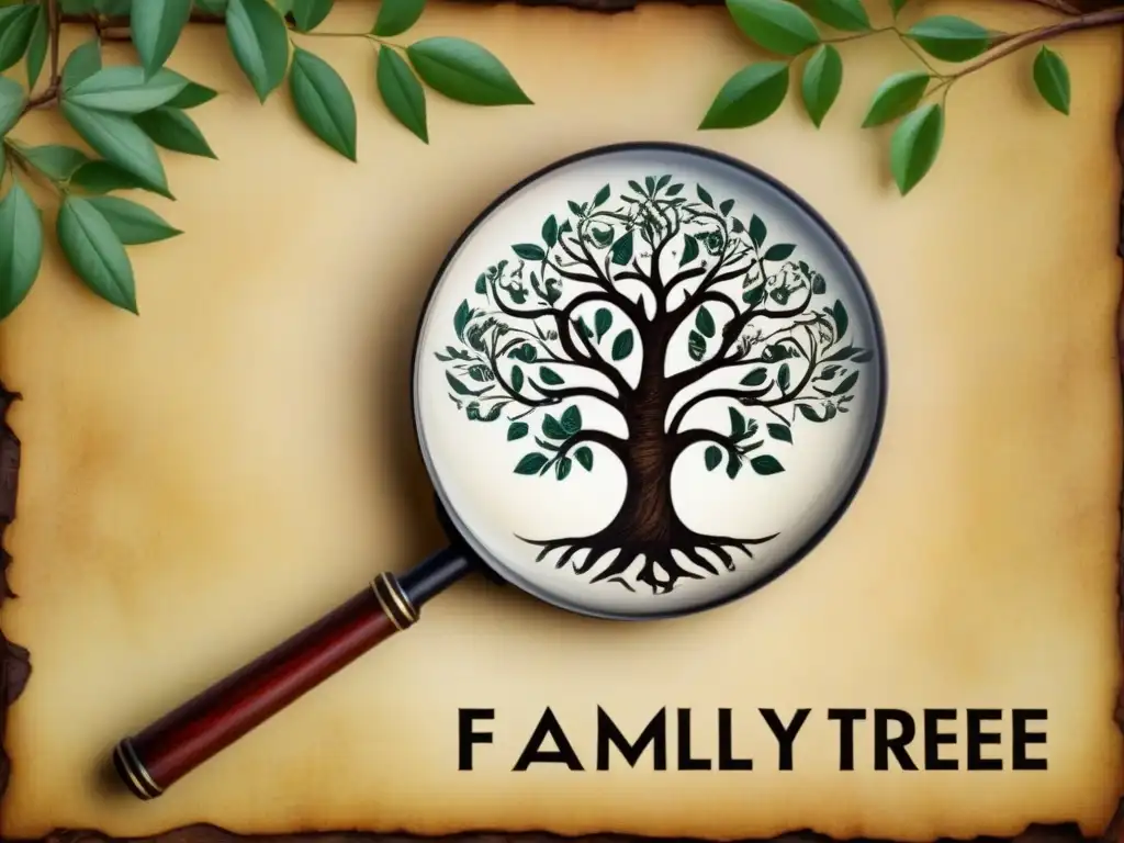 Detalle vintage de árbol genealógico con lupa resaltando historia apellidos genealogía genética