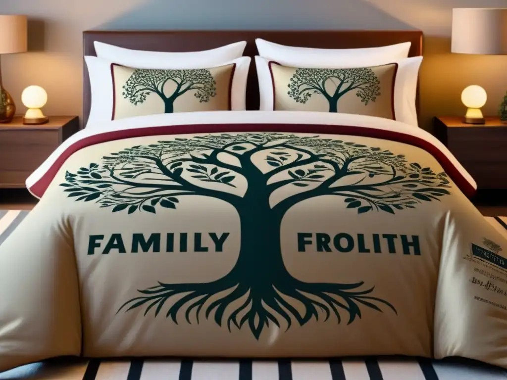 Detalle vintage de árbol genealógico en juego de ropa de cama personalizada, elegante y sofisticado