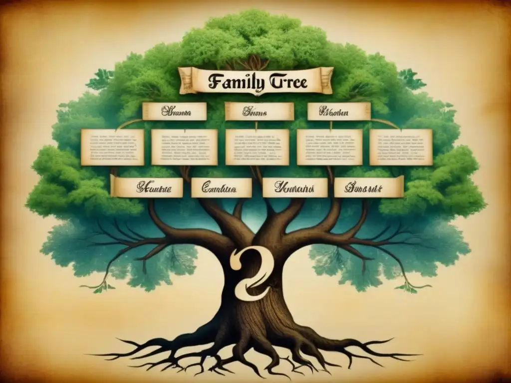 Detalle vintage de árbol genealógico en pergamino envejecido con caligrafía y fotos antiguas