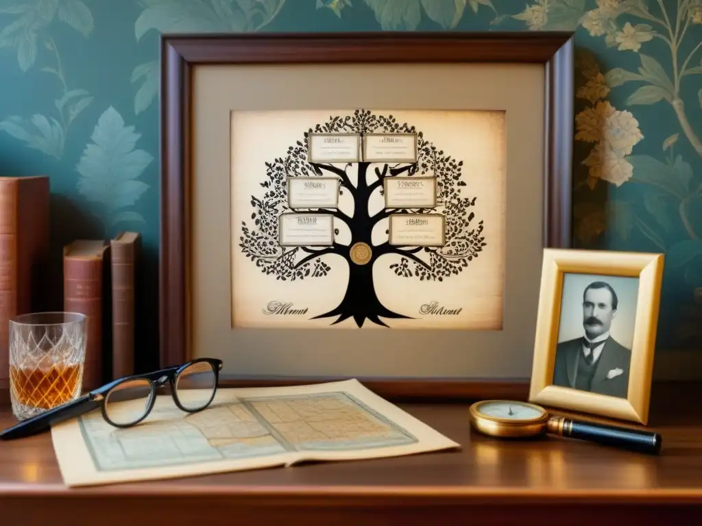 Detalle vintage de árbol genealógico con herramientas genealogía