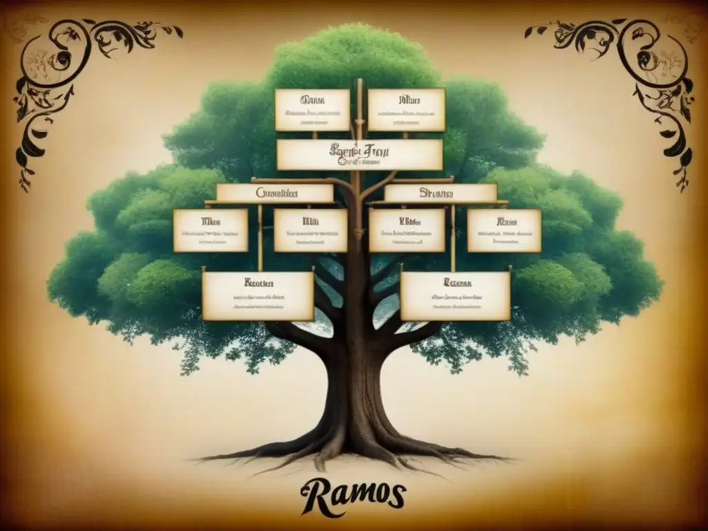 Detalle vintage de árbol genealógico de la familia Ramos con ilustraciones antiguas y caligrafía ornamental