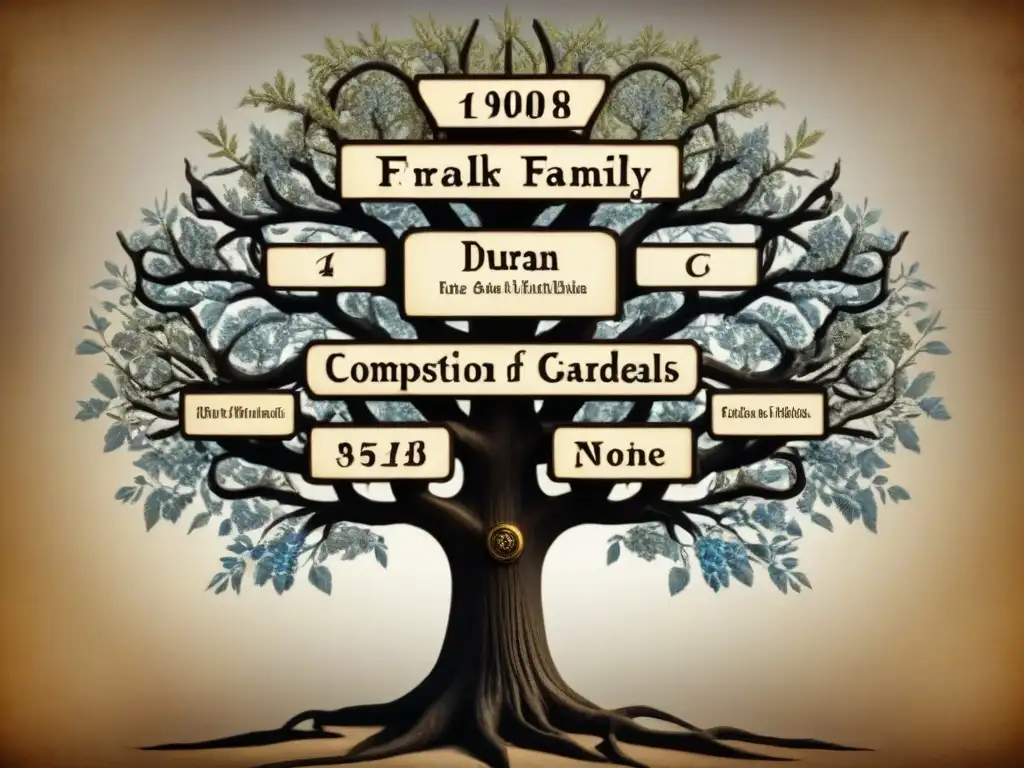 Detalle vintage de árbol genealógico de la familia Duran, mostrando la evolución histórica del linaje