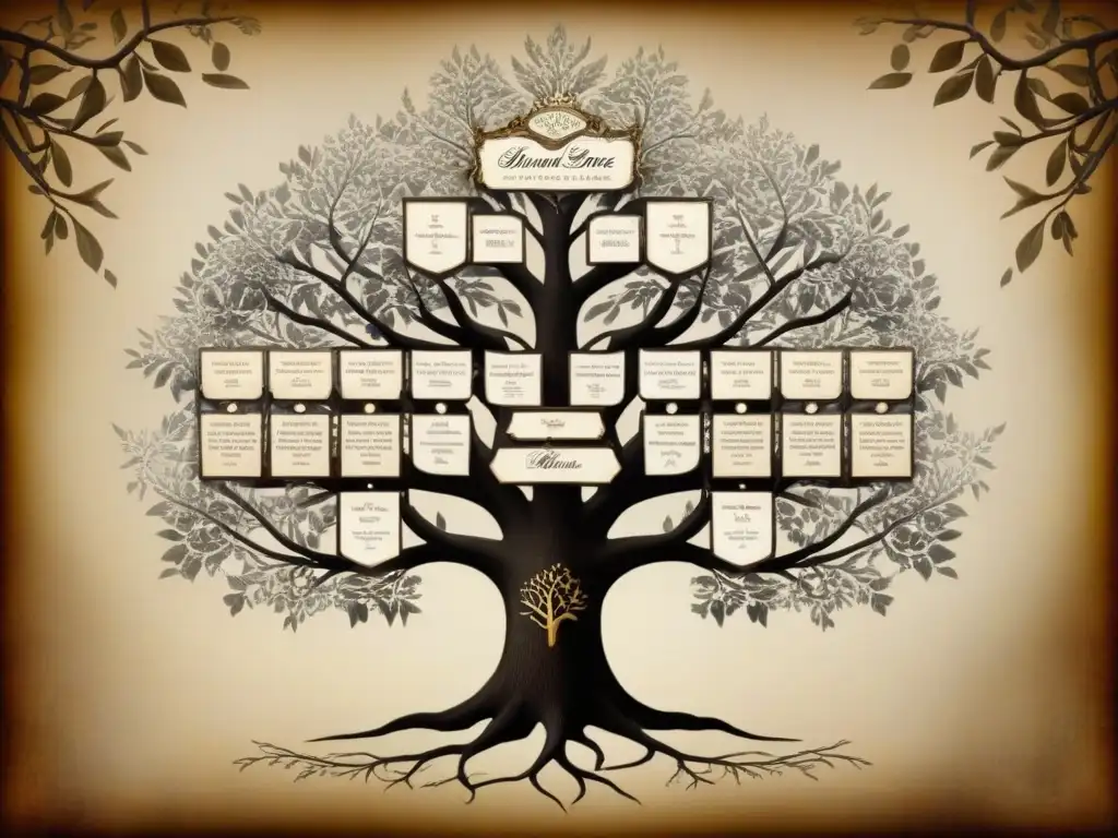 Árbol genealógico detallado de la familia Elizalde en tonos sepia Detalle vintage de árbol genealógico de la familia Elizalde: historia del apellido Elizalde