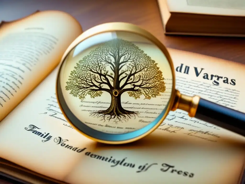 Genealogía detallada: árboles familiares Vargas, Vera, Vivanco Detalle vintage: lupa sobre árboles genealógicos entrelazados de los apellidos Vargas, Vera y Vivanco en pergamino envejecido