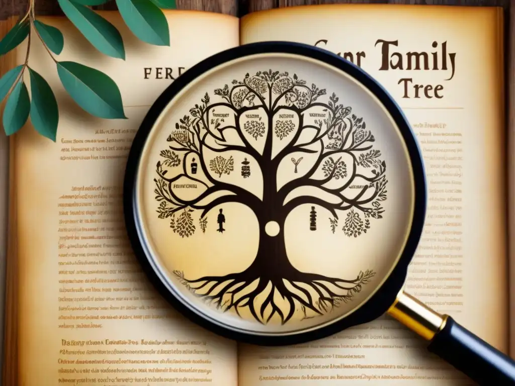 Detalle vintage de lupa sobre árbol genealógico antiguo, desmitificando creencias comunes genealogía