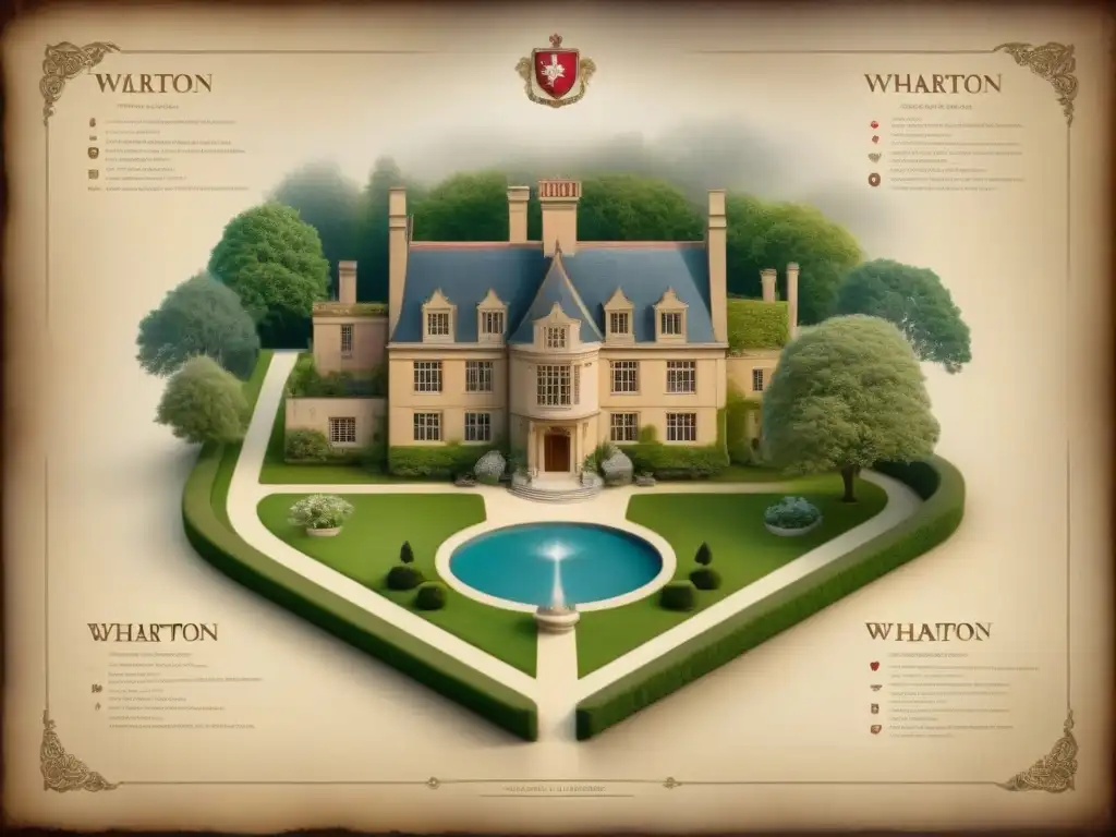 Detalle vintage del mapa de la finca Wharton Manor, con cresta familiar y jardines exuberantes