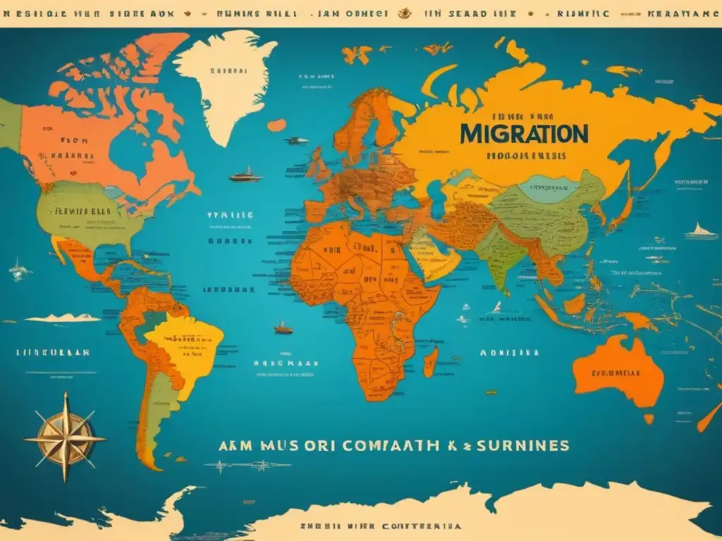 Detalle sepia de mapamundi vintage con rutas migratorias de apellidos