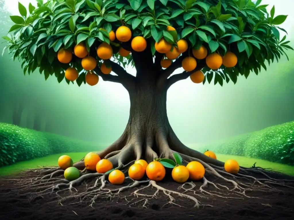 Detalle vívido: árbol naranjo majestuoso, raíces y hojas vibrantes, naranjas maduras