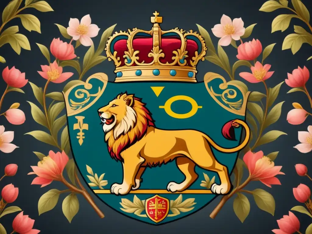 Detalles heráldicos: crestas Europea y Asiática con leones, dragones y flores, simbolizando la riqueza cultural