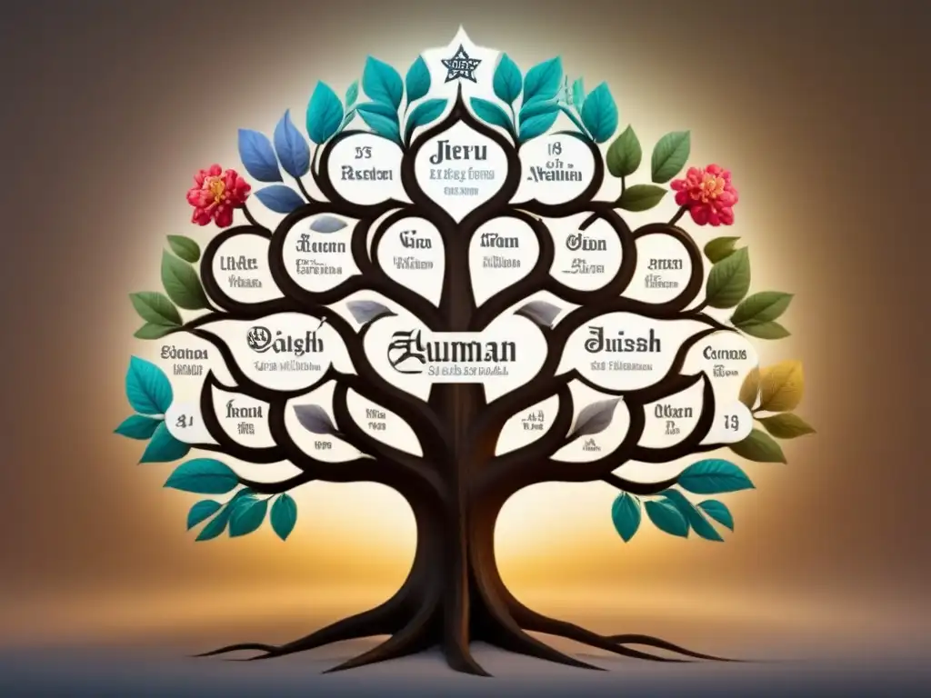 Diagrama de árbol genealógico detallando la evolución de apellidos judíos a lo largo de los siglos, con colores representando cada era