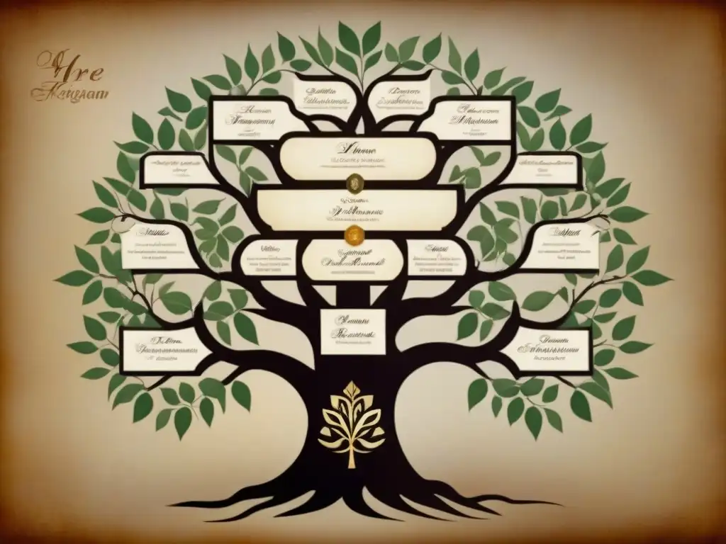 Diagrama detallado de árbol genealógico con apellidos de diversas culturas y continentes